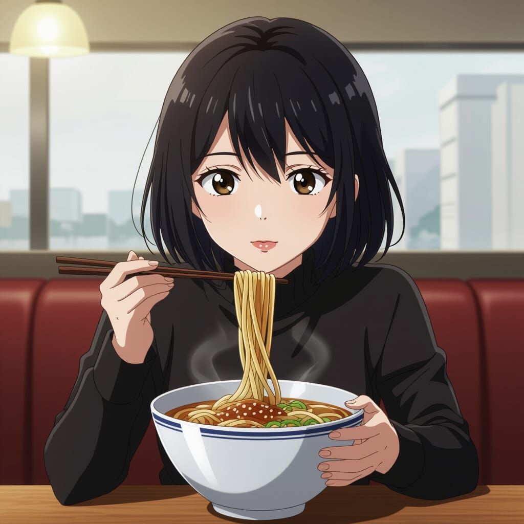 Anime Woman Eating Udon with Teriyaki Sesame Seeds