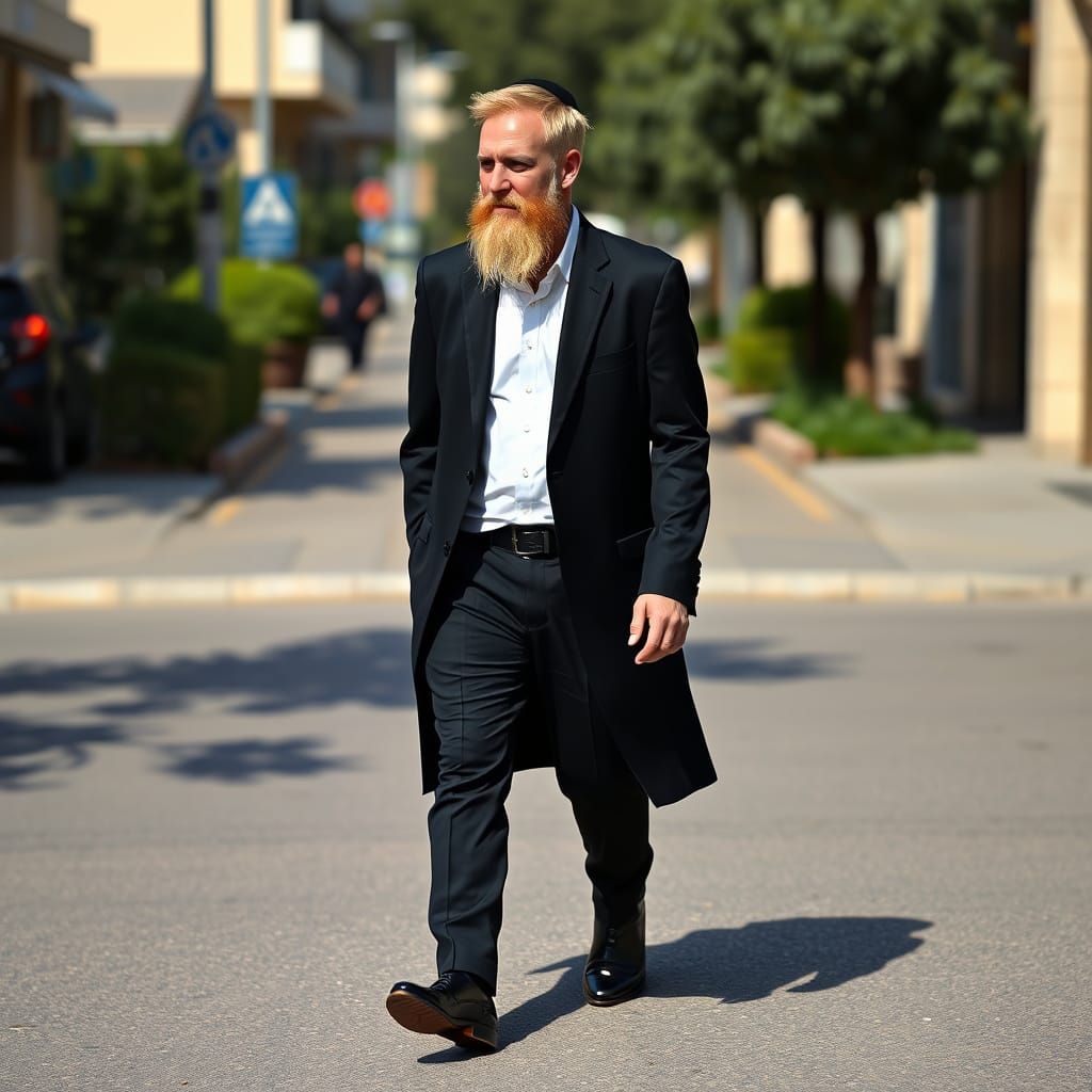 Hasidic Man Walks Down Bnei Brak Street in Elegant Attire