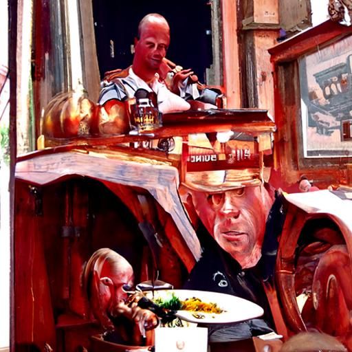 Man drinking a beer in a restaurant, Bruce Willis is seated ...