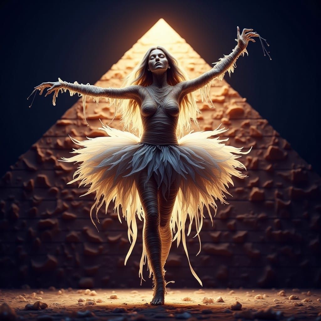 <lora:Magical Water Flux:1.0> full body shot, by Miki Asai Macro photography, stunnningly impressive mummy with the ethereal tutu made out o...