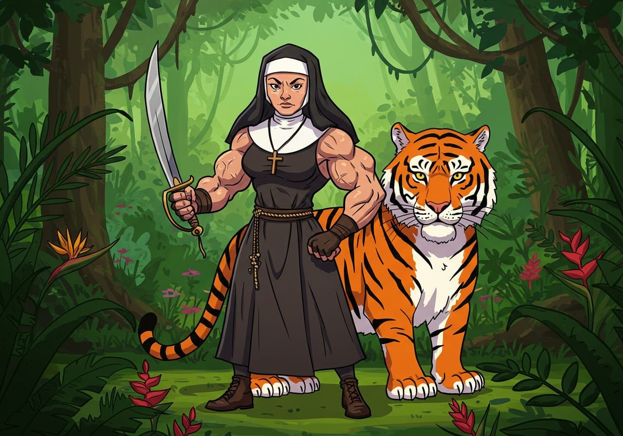 Muscular Nun With Tiger