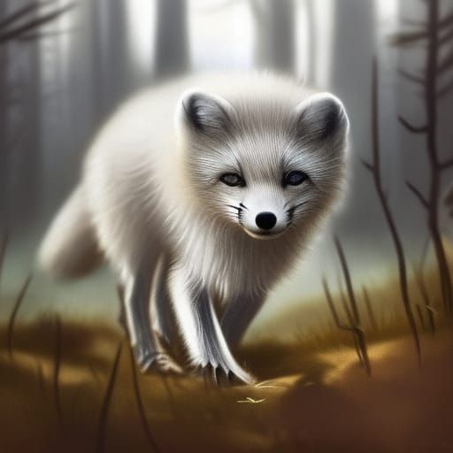 A small baby arctic fox wandering a forest at night with a i...