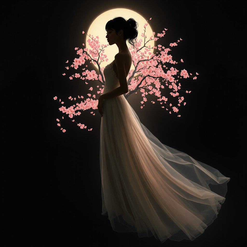 Ethereal Woman with Cherry Blossom Forest