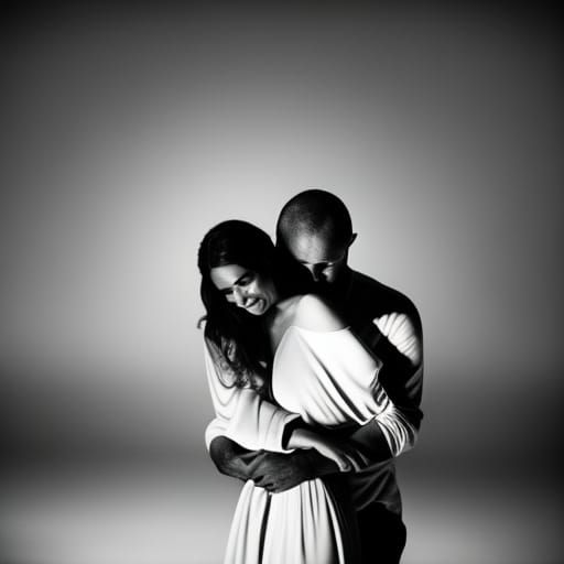 A man hugging  his pretty wife in the night