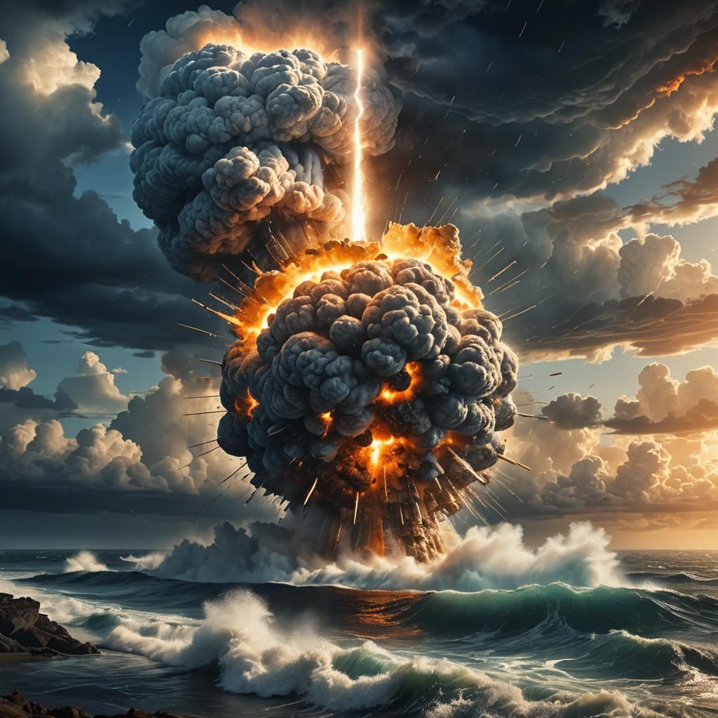 Glowing Atomic Bomb Over Ocean: Digital Art