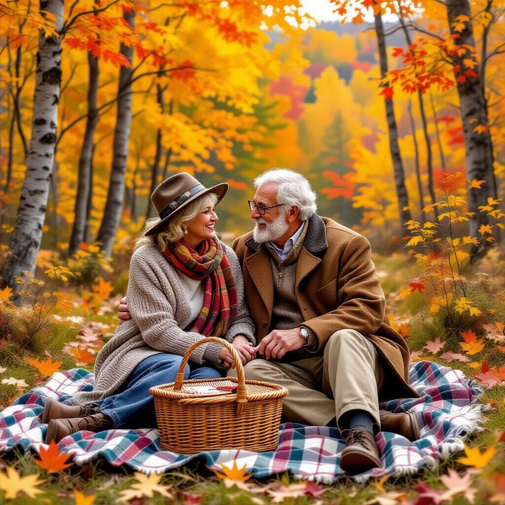 A long-married very much still in love elderly couple having an elegant picnic in the woods of Vermont ...  by @American Dreamer
