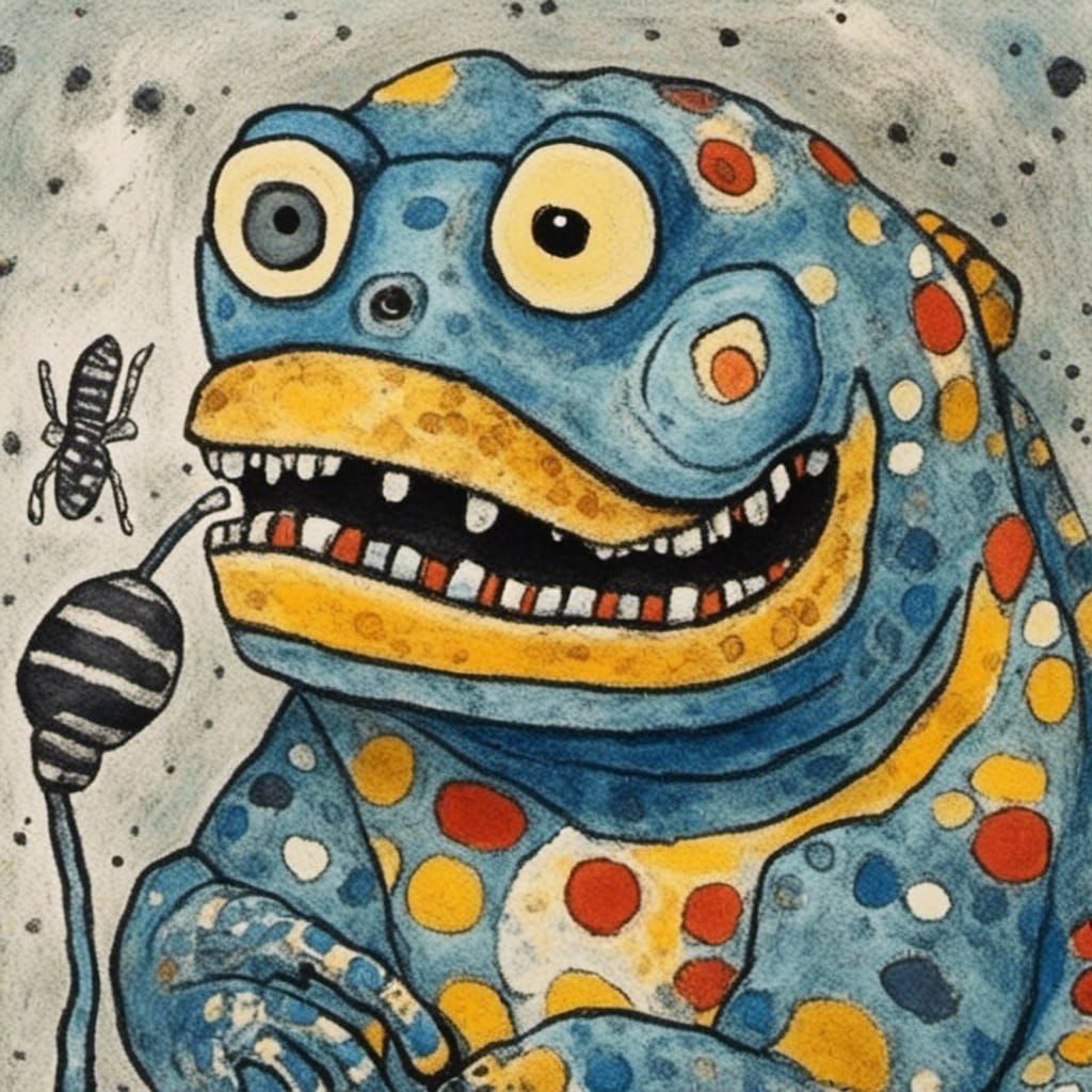 Close-up of a fat lizard <lora:Dubuffet Dolls:1.0> eating an...