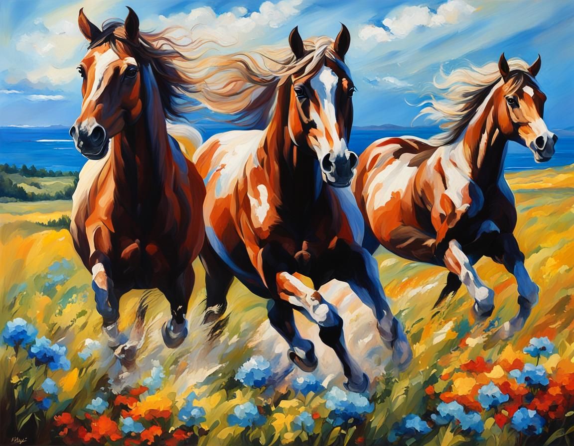 (majestic horses running in a field: 1.2) an ocean view in t...