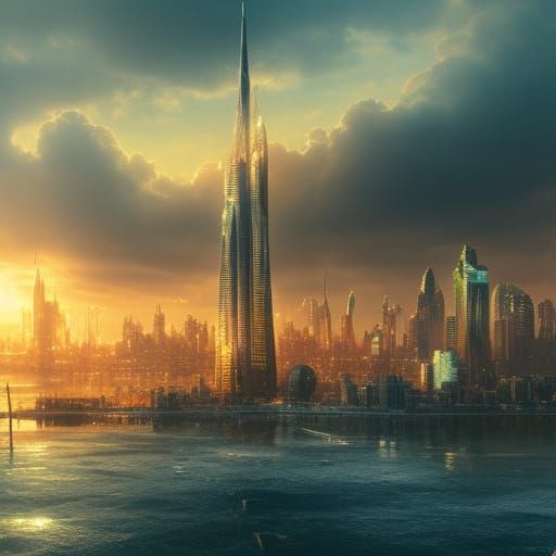 City skyline across the water at sunset