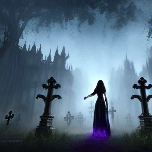 gothic woman in a graveyard at night