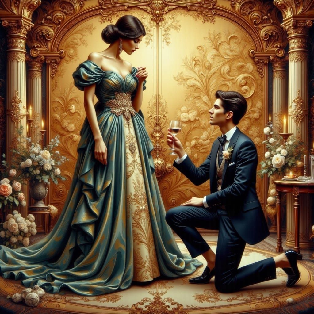 Well dressed suitor proposing to his beloved, art nouveau style, elaborate and detailed, klimt, mucha <lora:Earth and oil:1.0> 