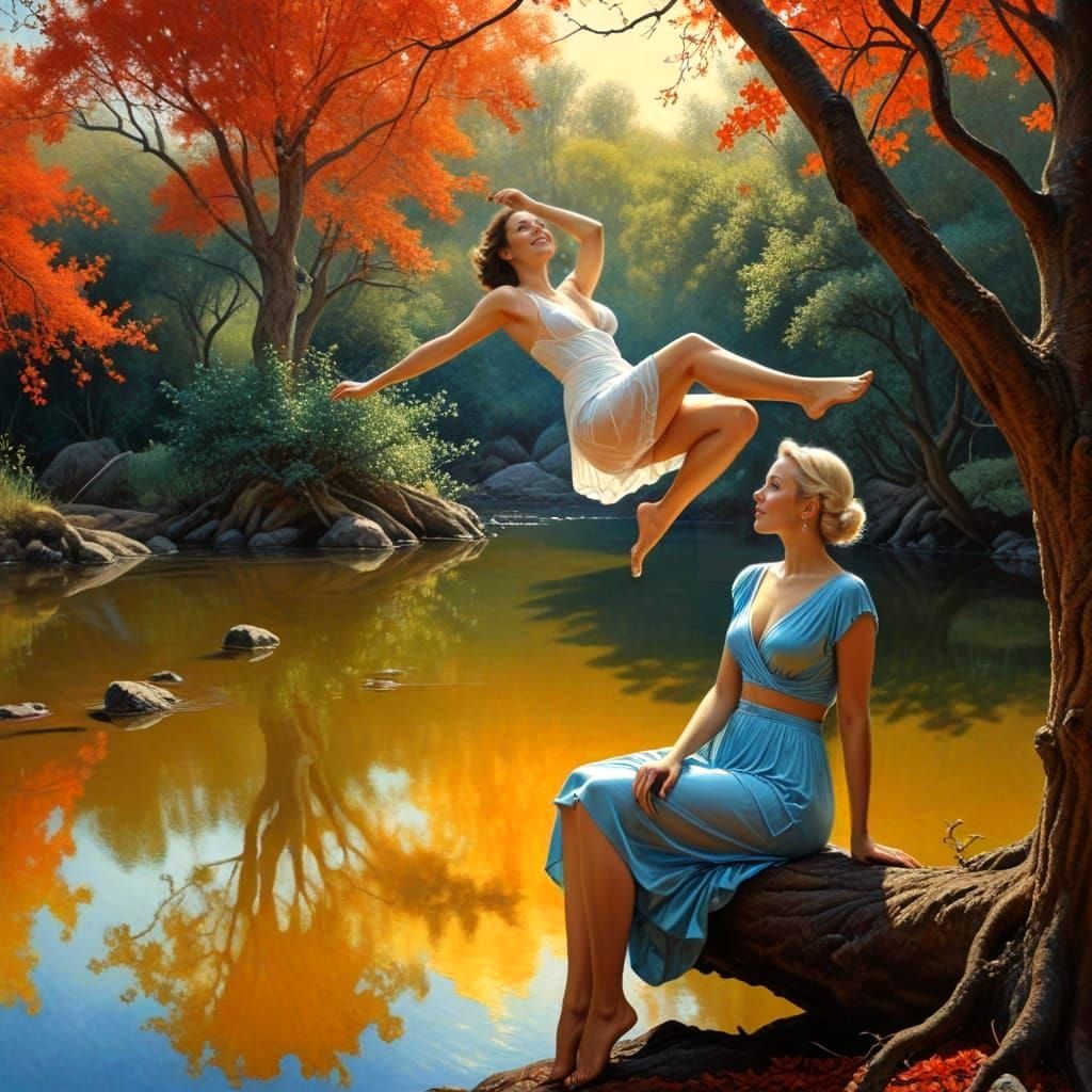 Happy Ladies in a Vibrant Surrealistic Treehouse