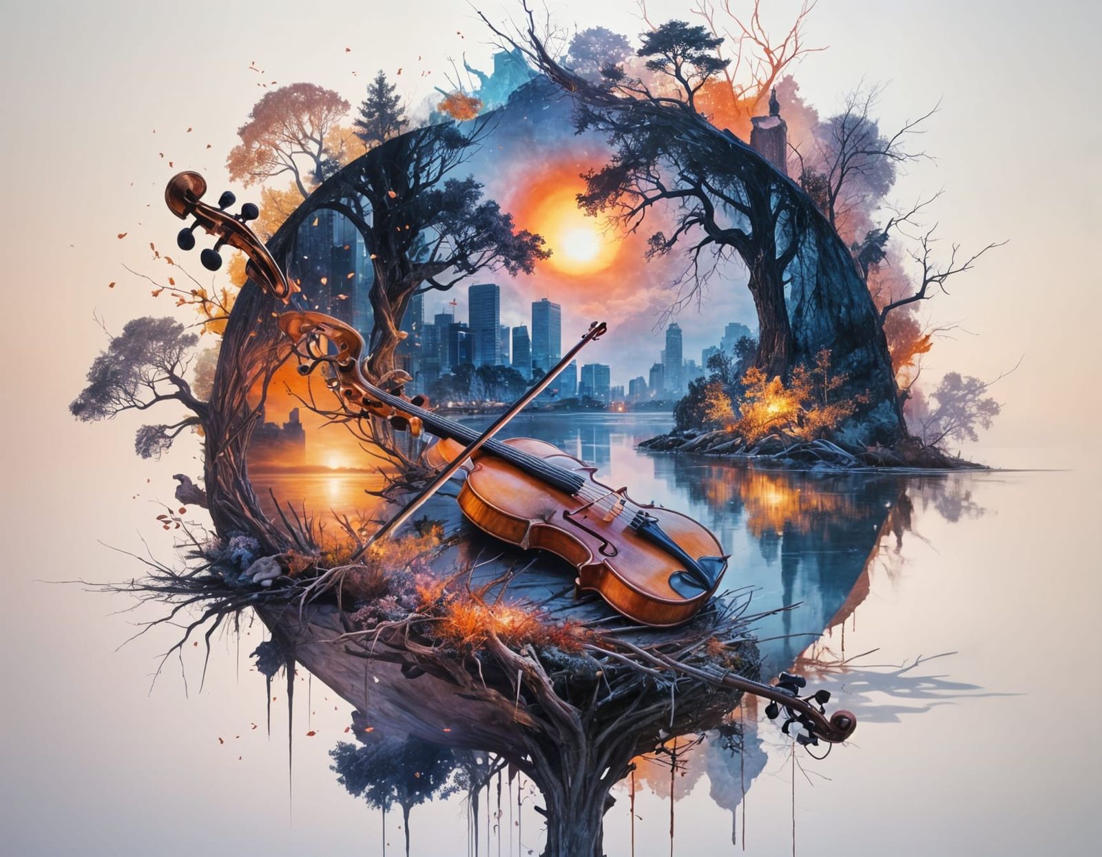 Surreal Violin Tree Island at Sunset