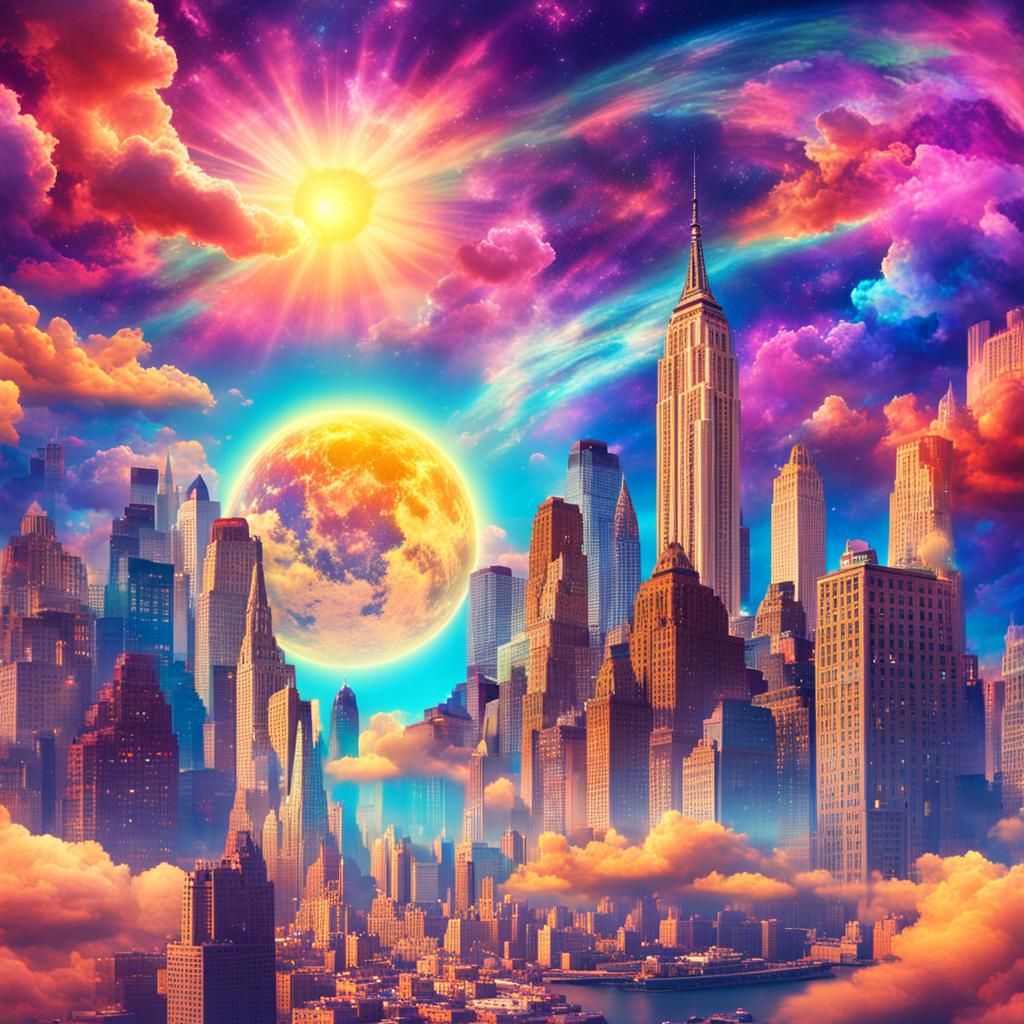Manhattan in space psychedelic neon drugs trippy lsd