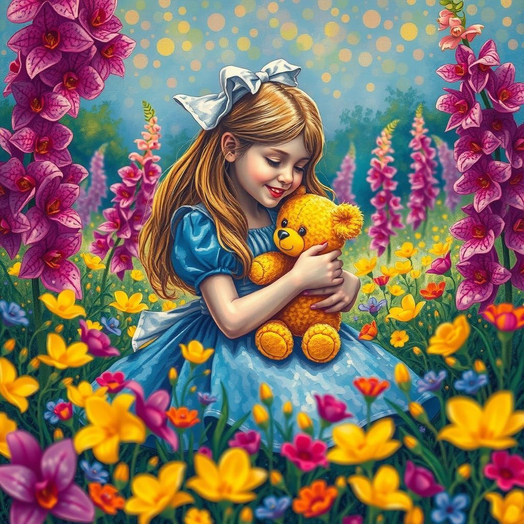 Alice in Meadow with Teddy Bear, Pointillism Style