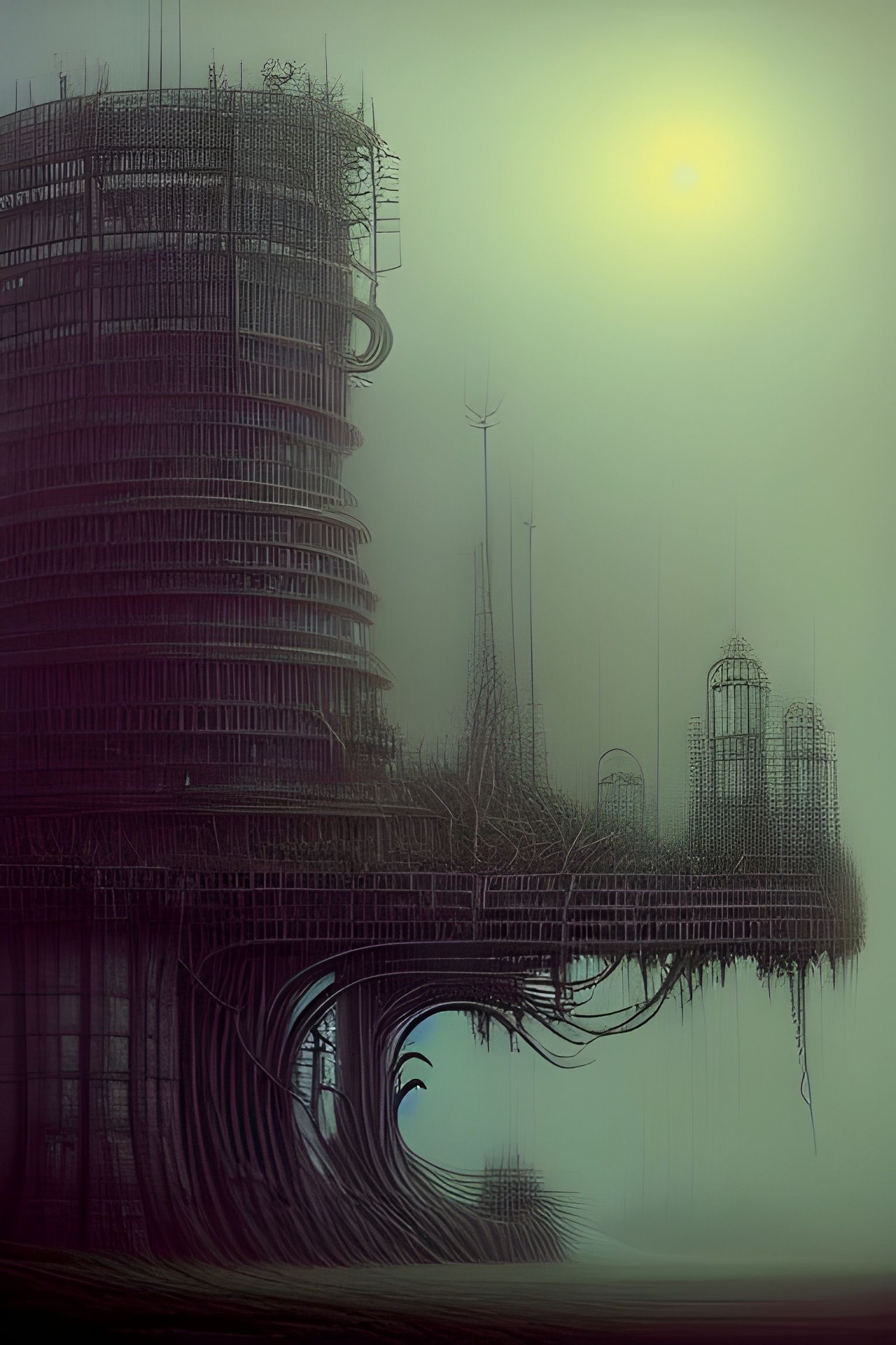 Surreal Overgrown Mechanical Tower in Dreamscape