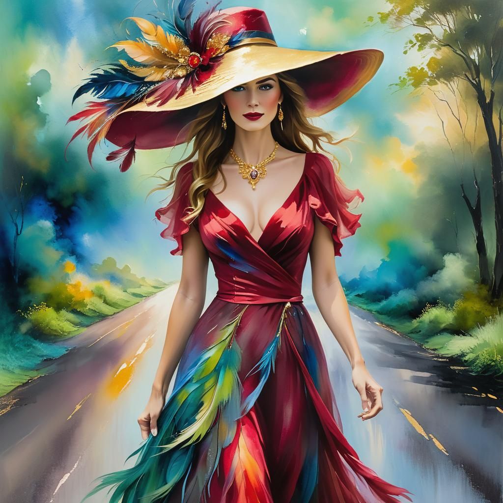 Impressionist Woman in Crimson Dress with Feathers
