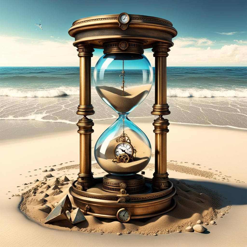 there is a clock that is sitting on a sand covered beach, the sands of time, trapped inside an hourglass, surrealistic digital artwork, memo...