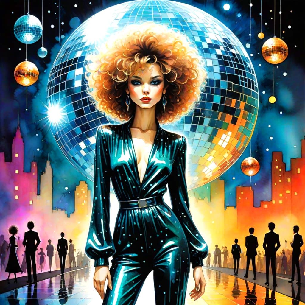 Disco scene, big hair and jump suits, disco ball, memories of the '80s, by Richard Burlet, Amanda Sage, ...  by @MrKitWalker