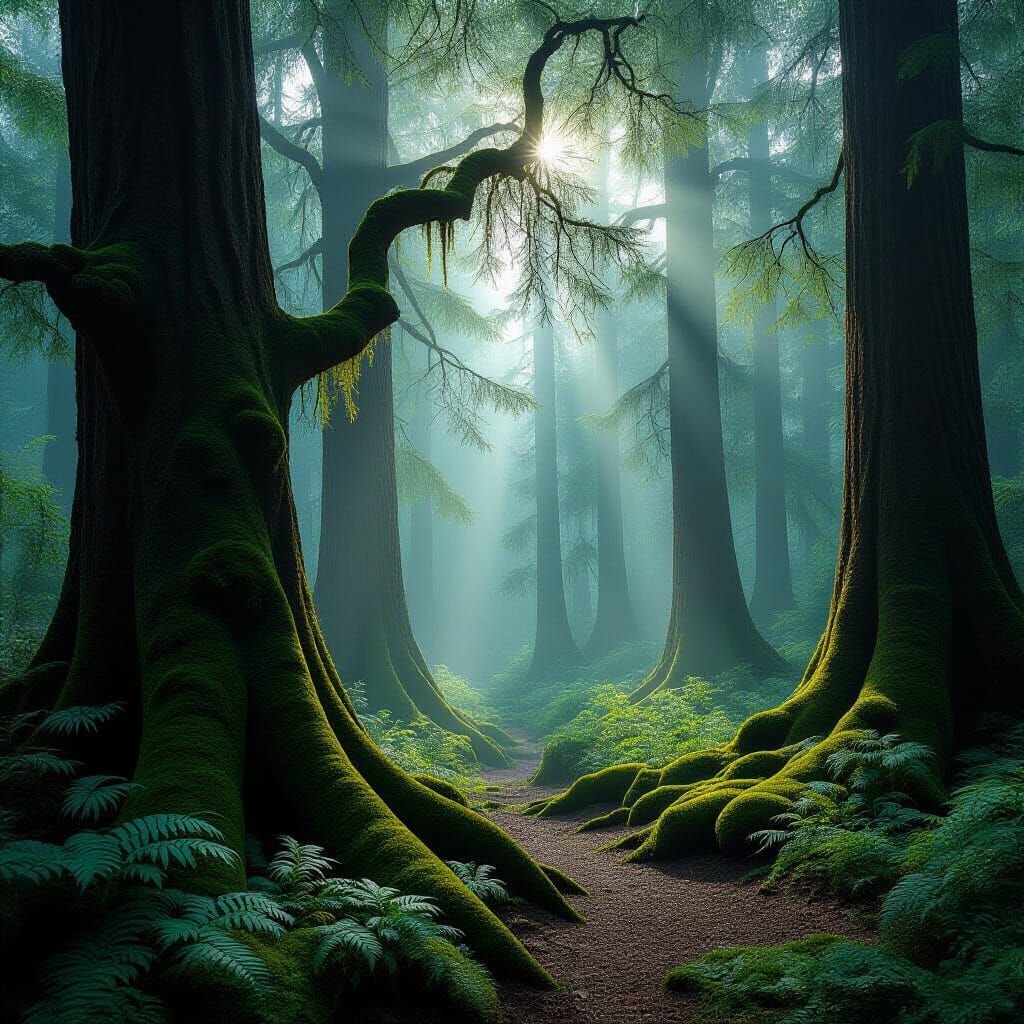 A magical forest, *realistic photography* style, natural lighting, deep contrast, mystical mist, sharp focus