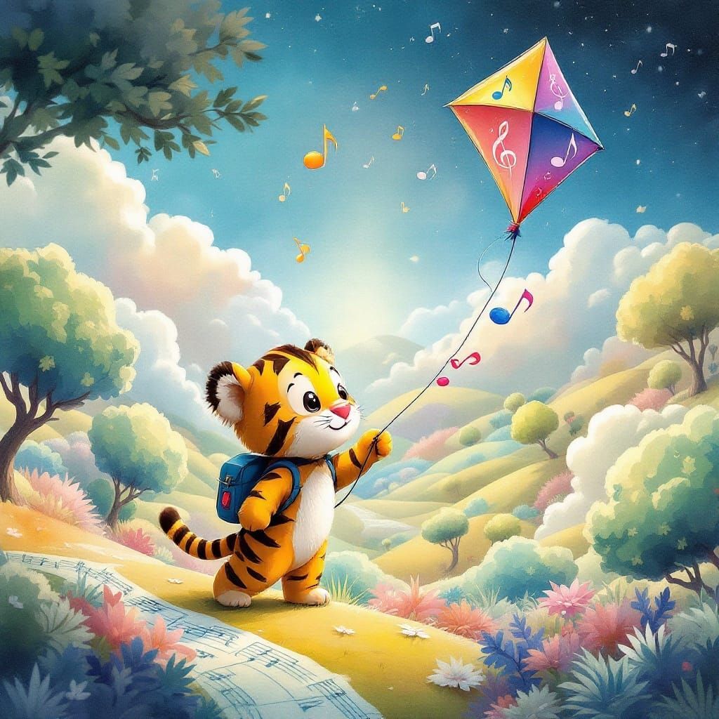 Whimsical Tiger Cub Soars Above a Musical Landscape