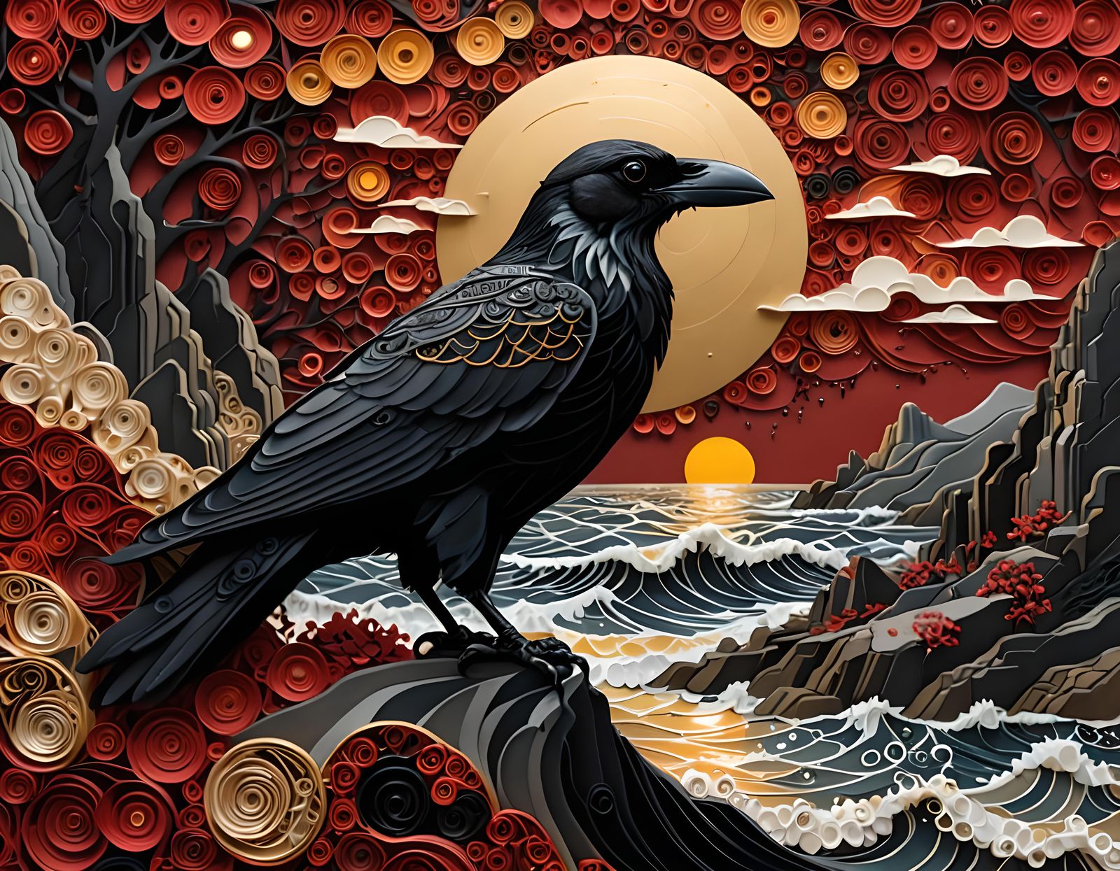 MC Escher, Calligraphy, Seascape with Crow Bird intricately detailed with Shining Gold Coins. Blood Red ...  by @Markey Sharkey