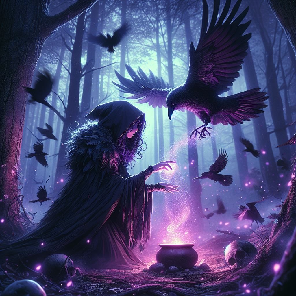a woman dressed as a crow playing with magic inside a forest