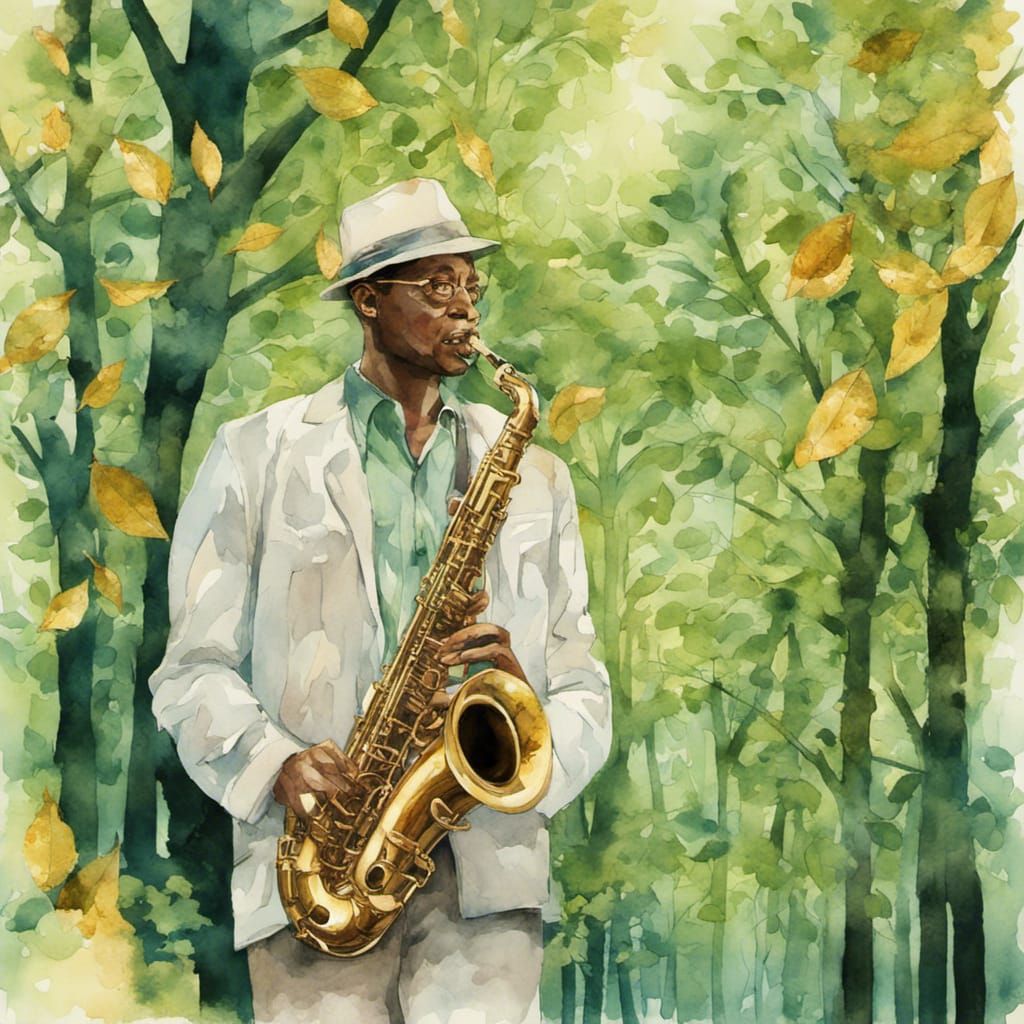 Saxophone player in lush green woods  by @Heike