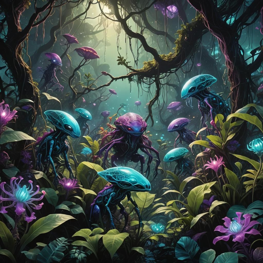 A sprawling bioluminescent jungle at night, with large glowi...