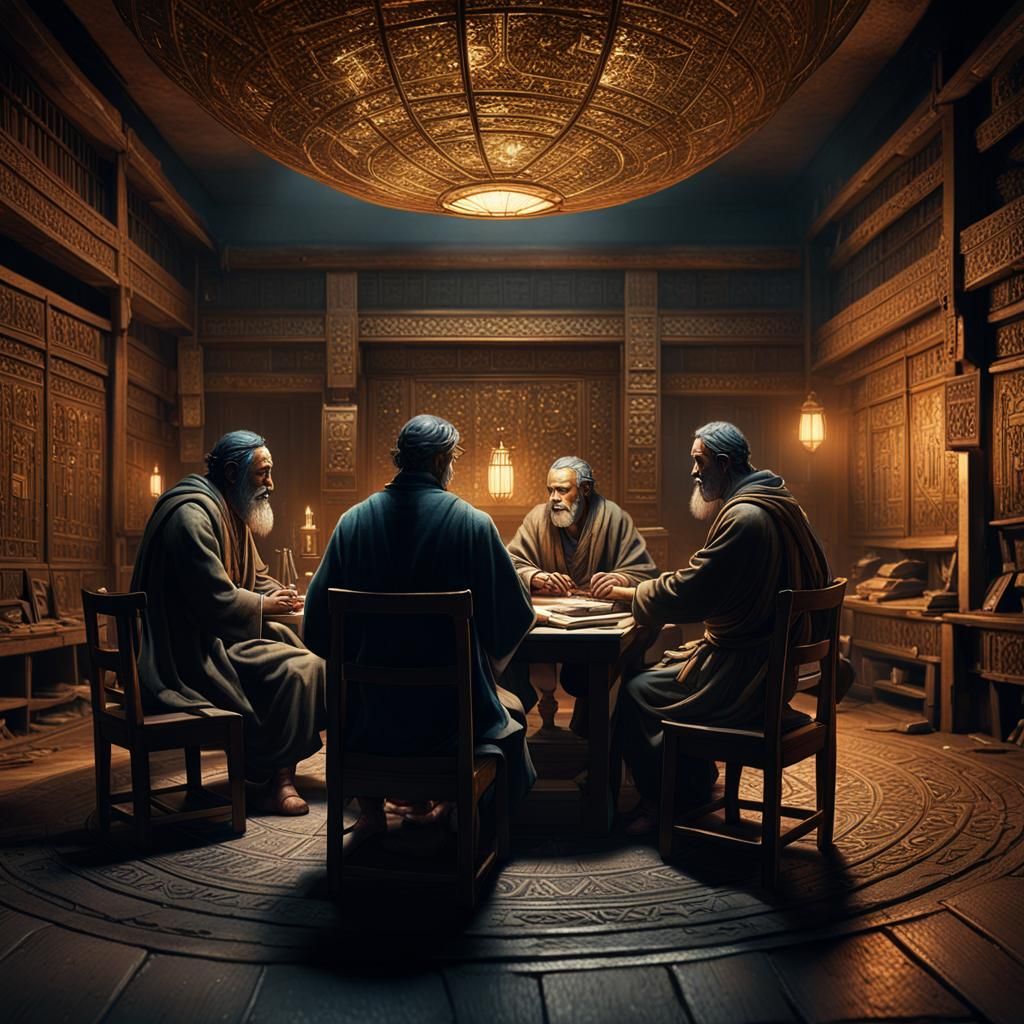 Mystical Study with Golden Lighting, Detailed Matte Painting