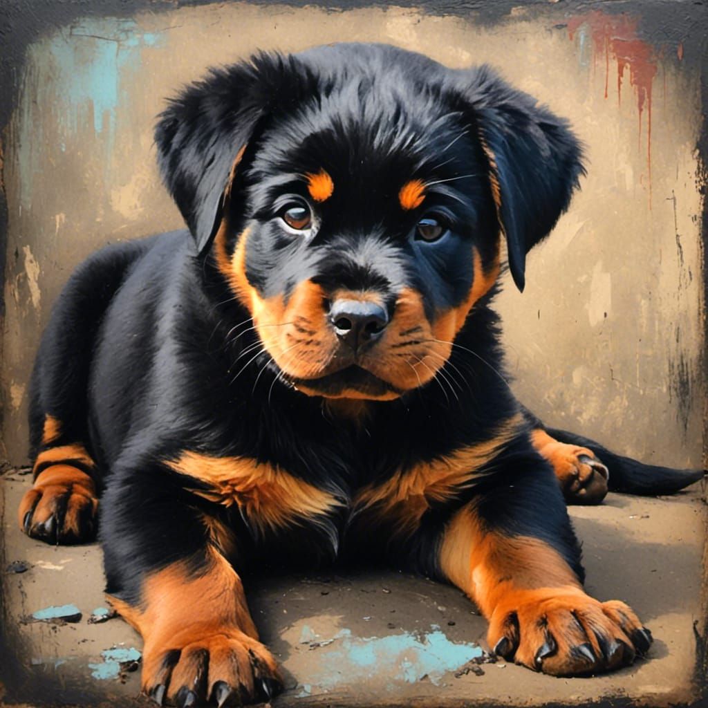 Rottweiler puppy in the style of a grungy oil chalk painting. <lora:Oil Chalk Paintings:1.0> 