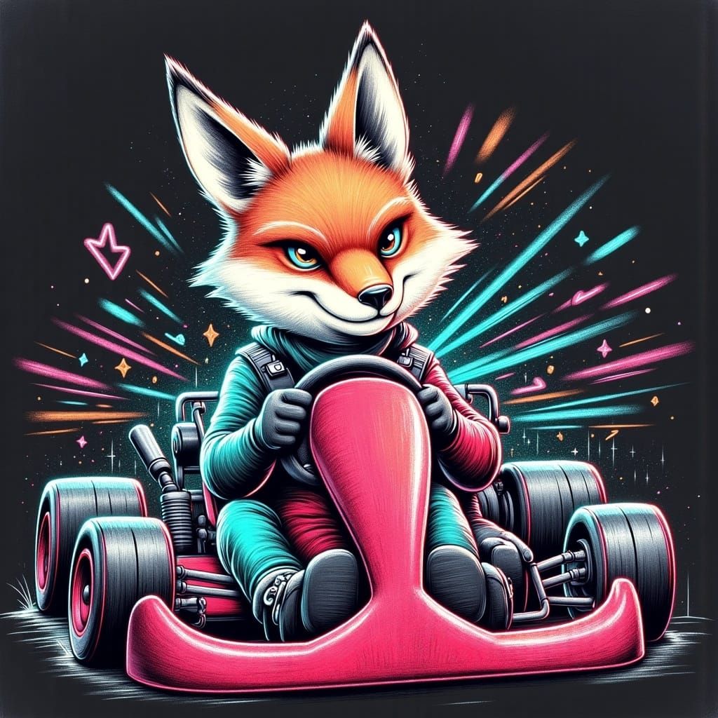 <lora:Chalkify:1.0> Anthropomorphic fox driving a red go kart. Chalk on black paper, powder effect
