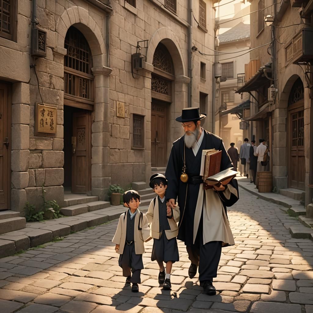 Father and Child Walk Ancient Street in Anime Style