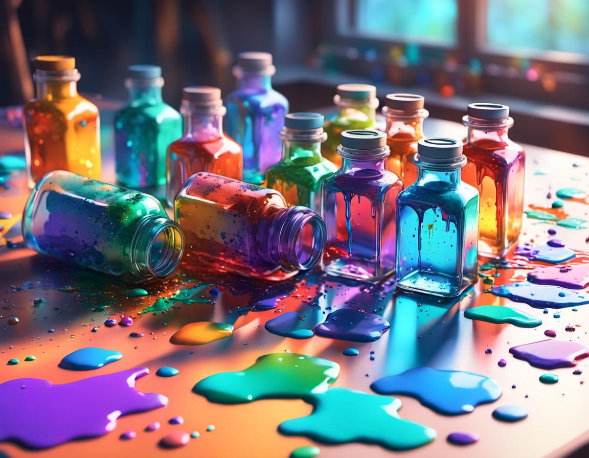 Vibrant 3D Anime Art: Colorful Paint Bottles