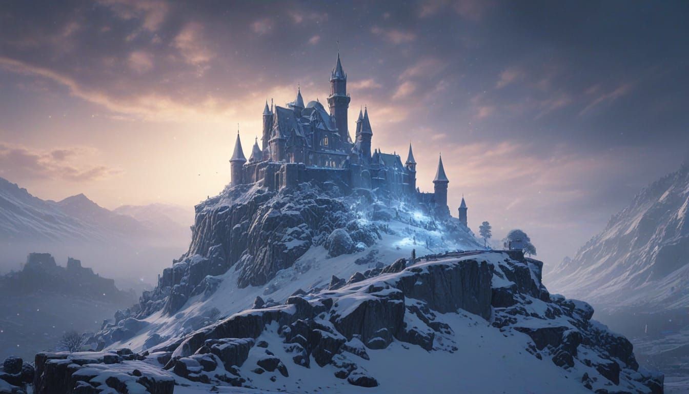 castle made of ice on top of lonly icy hill, cold winter wind is blowing snow and castle to ruins  by @Markkus Arelus