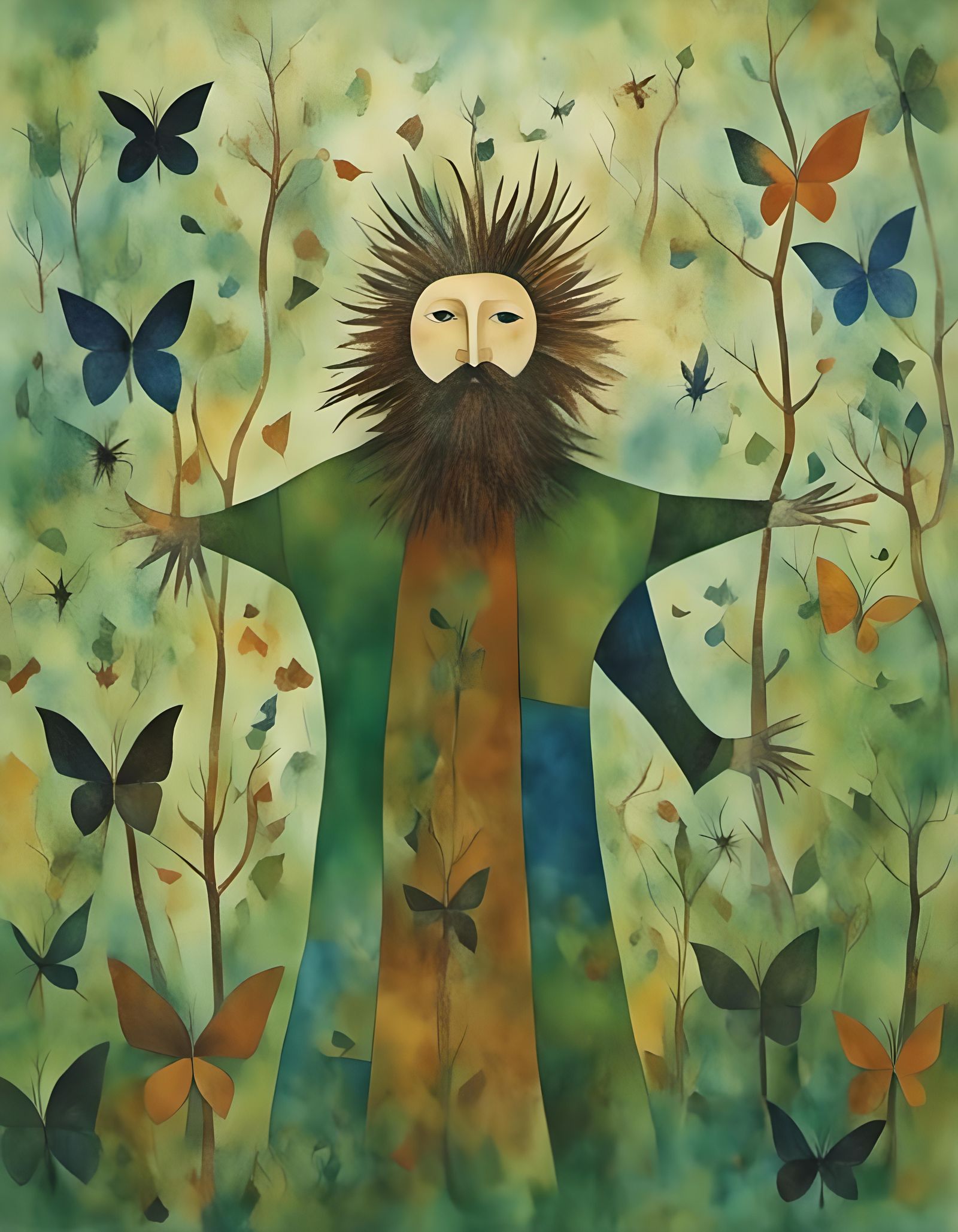 Pagan Man Summons Rain in Watercolor Garden