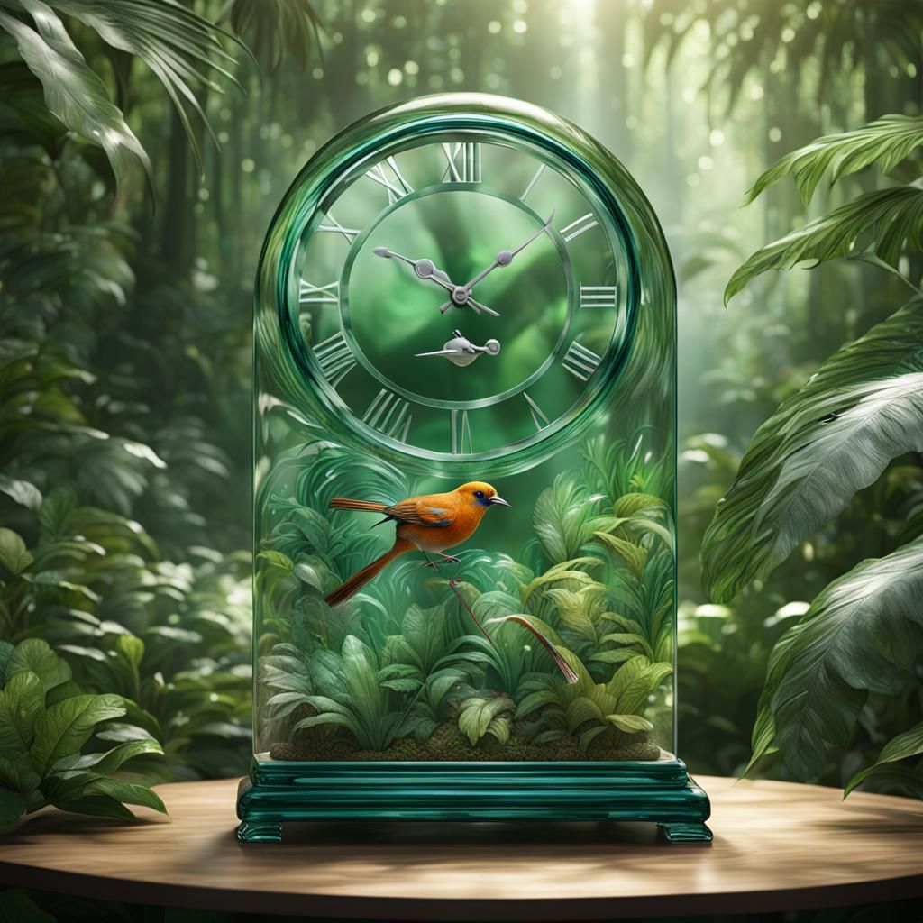 photorealistic glass bird in a jungle, highly detailed, high...