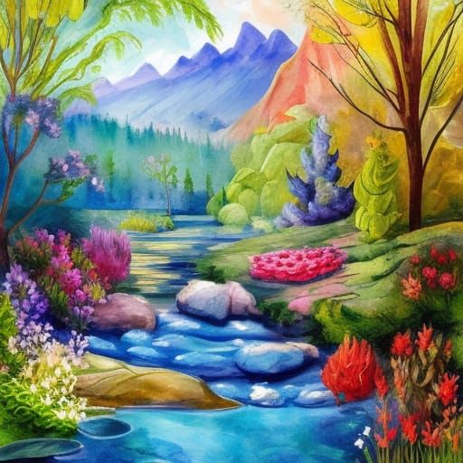Secret flower garden with a mountain stream watching the fis...