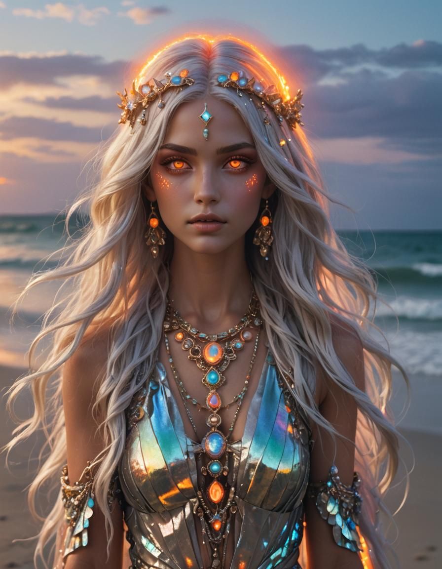 scenic picture of a beach goddess with iridescent hair, oran...