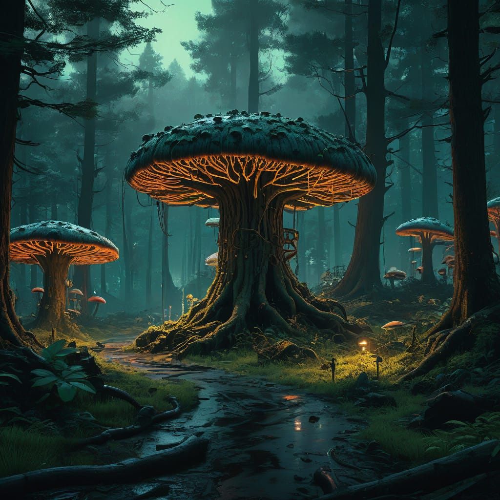 Ethereal Mushrooms Surround Majestic Ancient Tree