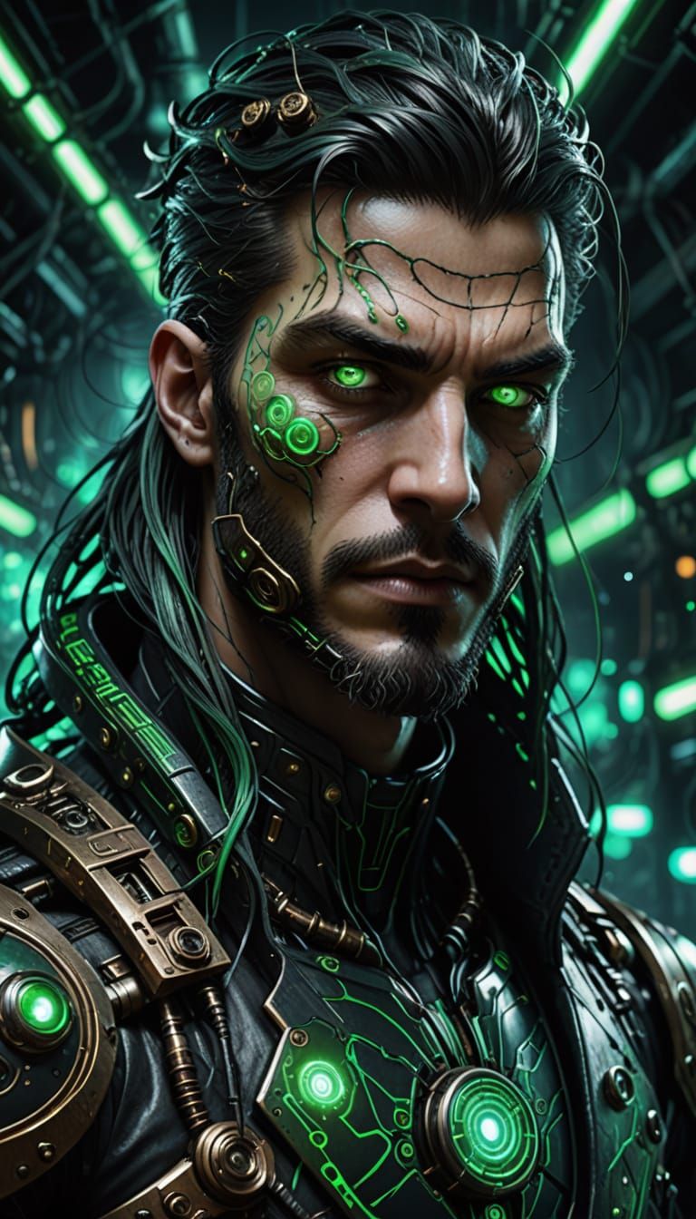 Make the background a chaotic black hole 
Add a massive, mechanical bat-like wing made of glowing circuitry and venom-infused metal, extendi...