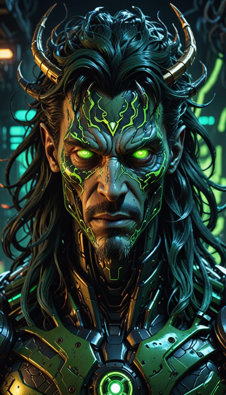 Make the background a chaotic black hole 
Add a massive, mechanical bat-like wing made of glowing circuitry and venom-infused metal, extendi...