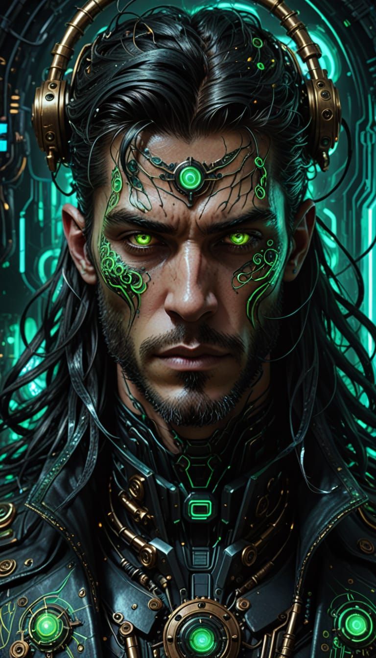 Make the background a chaotic black hole 
Add a massive, mechanical bat-like wing made of glowing circuitry and venom-infused metal, extendi...