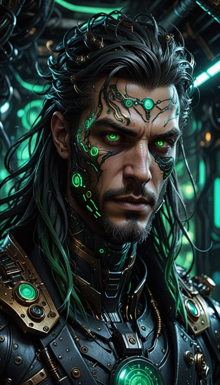 Make the background a chaotic black hole 
Add a massive, mechanical bat-like wing made of glowing circuitry and venom-infused metal, extendi...