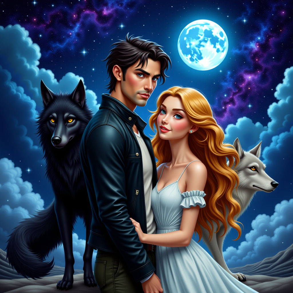 A dark-haired man with a strong jawline and piercing eyes, dressed in a fitted leather jacket, and a gold-haired woman with a kind smile and...