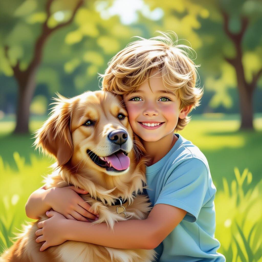 Joyful Boy Hugs Golden Retriever in Monet-Inspired Park Scen...