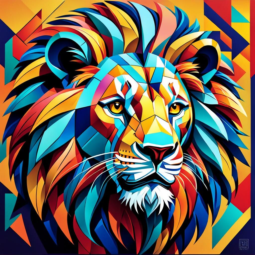 A stylized lion with bold, contrasting colors and geometric ...