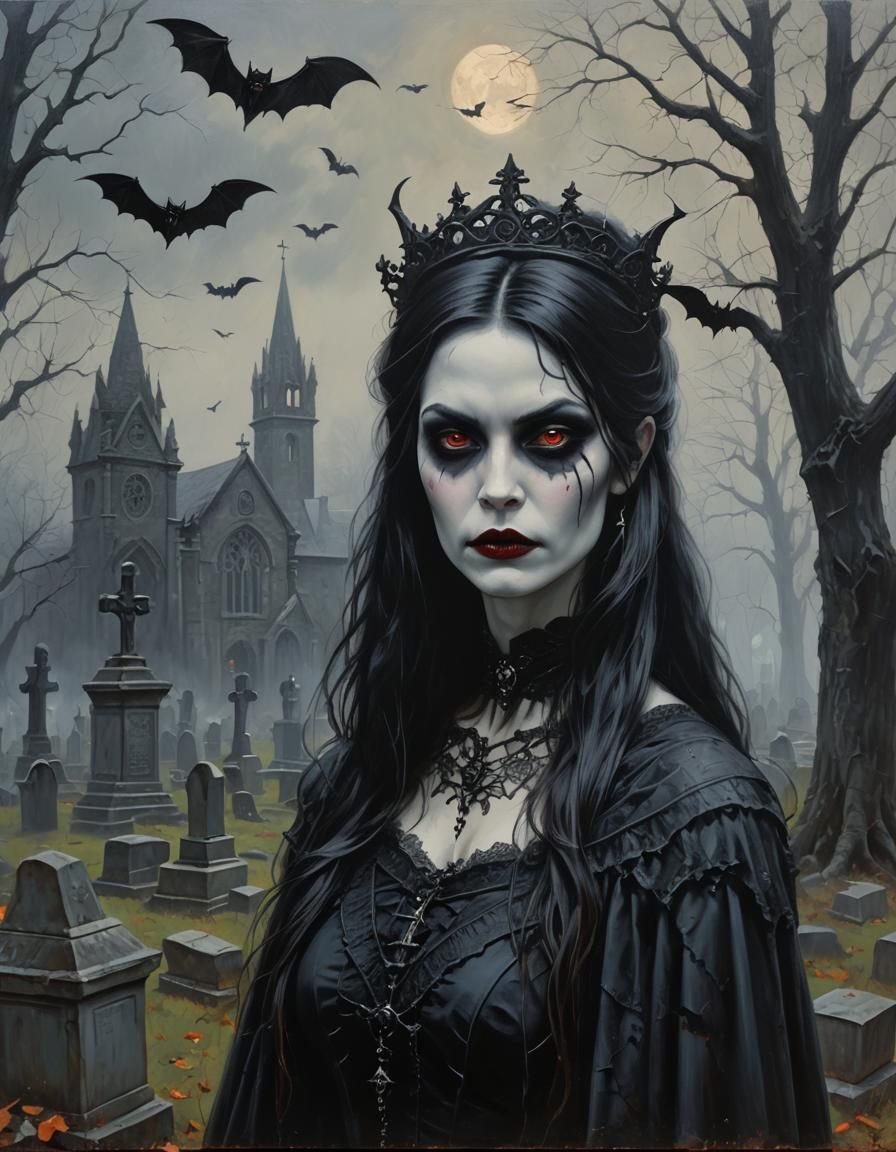 beautiful goth vampire princess black foggy haunted close portrait ...