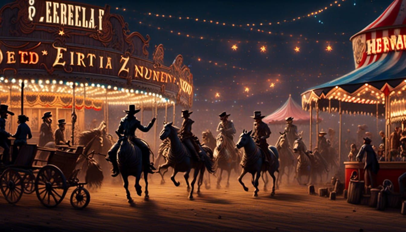 "Merry Go 'Round": 1800's Old West rundown carnival, dusty, ...