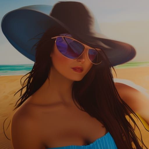 brunette sat on the beach in sunglasses and sunhat headshot